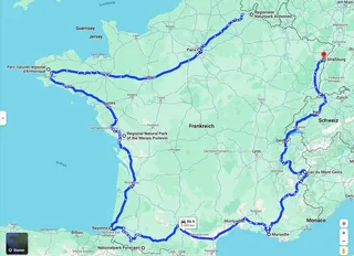 Unsere Route für deine Frankreich Rundreise auf Google Maps dargestellt.